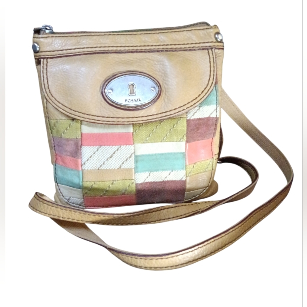 Fossil Tan And Multicolor Patchwork Crossbody Bag… - image 1